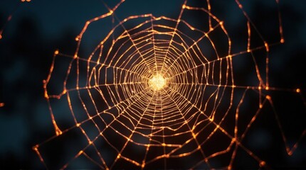 Glowing Spider Web in Darkness with Warm Light Highlights