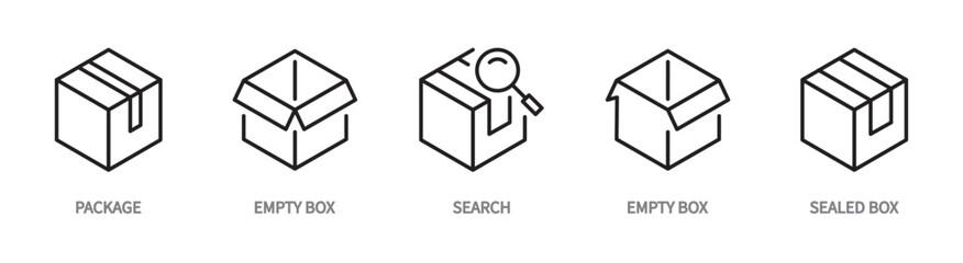 Package line icon set. Open box, search, empty box, sealed box symbol. Vector illustration. Editable stroke. Flat design. Isolated on a white background.
