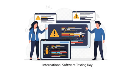 IT specialists perform software testing and debugging. Vector illustration of quality assurance engineers finding bugs.