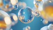 © 小さな花 - 青と黄金色の背景に浮かぶ透明な球体の泡の抽象的なマクロ表示