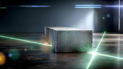 A rough-textured grey concrete block sits centrally on a dark, reflective floor, intersected by two bright green laser beams creating an X shape. The background is a dark, moody grey