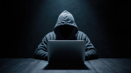 anonymous hacker intensely coding software at dark desk with laptop in the night, cybersecurity conc