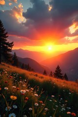 Wall Mural - Majestic Golden Hour Sunrise Warm Light Illuminates Tranquil Landscape