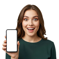 Amazed young woman with a joyful and surprised expression showing a modern smartphone with a blank screen for your app or website advertisement. Studio shot isolated on a white background.