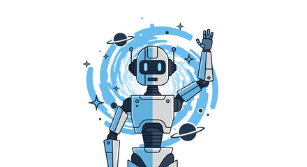 Friendly Robot Waving Hello in Space Illustration.