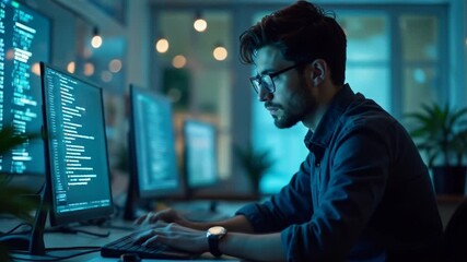 Focused coder working on multiple monitors in modern, dimly lit environment