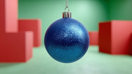 Wall Mural - blue ornament hangs from a string. the ornament is blue and has a glittery appearance. the backgroun