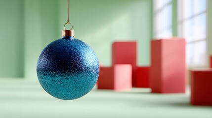 Wall Mural - blue and silver christmas ornament hangs from a string. the ornament is surrounded by red cubes, whi