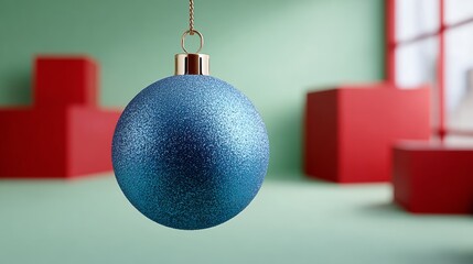 Wall Mural - blue christmas ornament hangs from a string. the ornament is surrounded by red boxes, which are stac