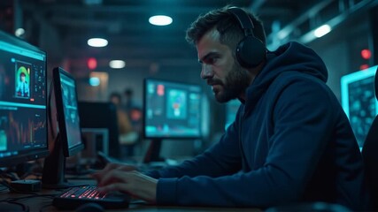 Focused programmer immersed in coding at night in a high tech office