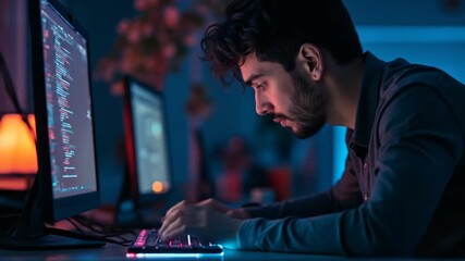 Focused programmer coding in dim futuristic workspace illuminated by screens glow
