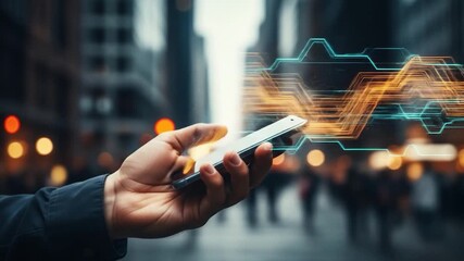 Hand Holding Smartphone with Digital Data Stream Overlay in Urban Cityscape Video