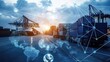© Jason - A global logistics network with a world map overlay on a busy port terminal with a truck and cranes. A concept for a smart supply chain, IoT, and the digitalization of international trade.