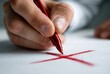 © AndyAziz - A hand marks a large red on a white with a pen, indicating rejection, error, or a negative response.