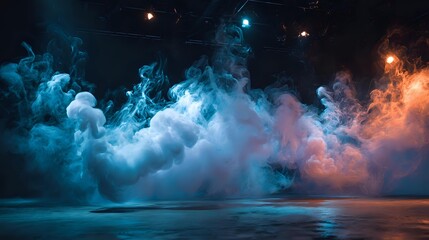 Wall Mural - dense smoke curling in elegant spirals over a dark stage, glowing softly under cool blue and warm am