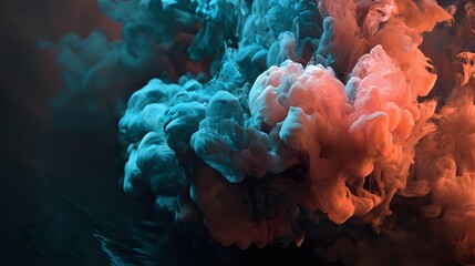 Wall Mural - dense smoke swirling like ocean currents, glowing in coral and cyan over black