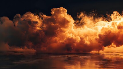 Wall Mural - dense smoke illuminated from below in warm amber tones over a glossy shadowy surface