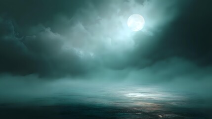 Wall Mural - ethereal mist flowing over a shadowy floor, kissed by pale moonlight and soft teal glows, creating a