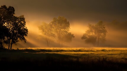Wall Mural - fine fog shimmering under golden rays against a dark background