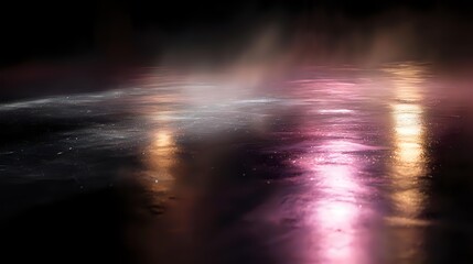 Wall Mural - light mist drifting over a reflective black floor, catching subtle pink and gold lighting for elegan