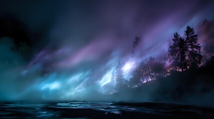 Wall Mural - rolling fog with a smoky dance illuminated by violet and turquoise beams, bold yet tranquil, over a 