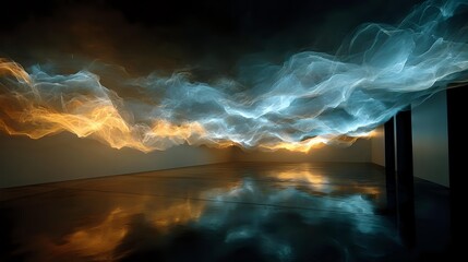 Wall Mural - rolling mist layered like waves, shimmering in pale blue and warm amber tones over a glossy black fl