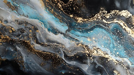 Wall Mural - silver mist flowing over a midnight-black surface, glowing faintly in pale gold and icy blue highlig