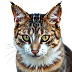 closeup portrait of a beautiful tabby cat with striking green eyes and distinctive ear tufts, showca