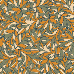 Wall Mural - Autumn seamless pattern with abstract leaves. Yellow and green colours. Foliage print for fabric, package, wrapping, wall art.