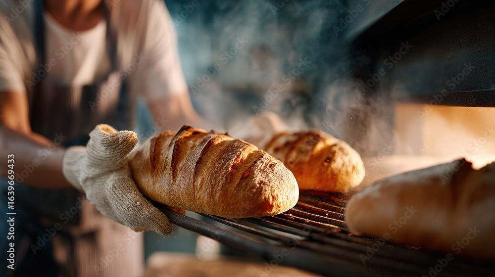 Baker removing freshly baked loaves of bread from oven with steam ...