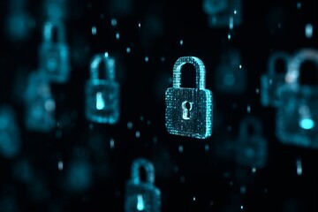 multiple digital padlocks over binary data background symbolizing encrypted communication and secure