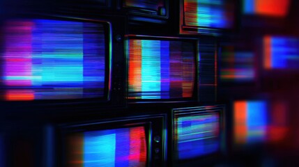 Wall Mural - a vibrant array of retro televisions displaying colorful static patterns in a darkened room