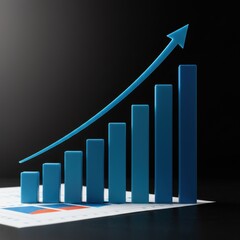 Blue bar graph with arrow isolated on white background showing growth, use cases: business, finance, marketing.