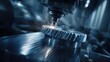 © hestywinarni - Close-up of a precision metal gear being machined in a modern industrial facility with sparks flying.