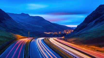 Wall Mural - serene twilight scene capturing light trails on a winding road through a mountainous landscape