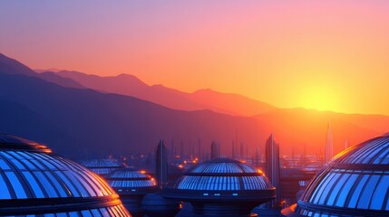 Wall Mural - futuristic cityscape at sunset with domed structures and mountains in the background, serene atmosph