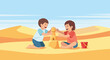 © Tono - Children building a sandcastle at the beach with blue sky background