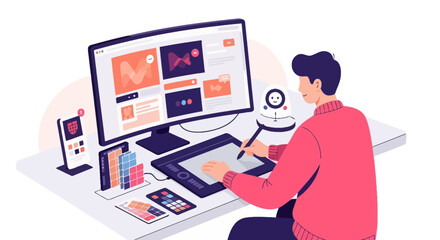 Creative Designer Using Drawing Tablet at Desk for Modern Graphic Project