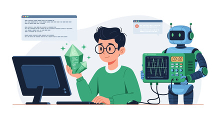 Developer examining code crystals alongside a supportive robot companion