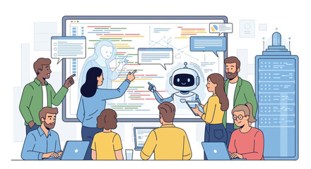 diverse team collaborating with ai on code development for server infrastructure