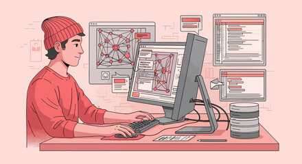 Illustration of a software engineer or data analyst working with network diagrams