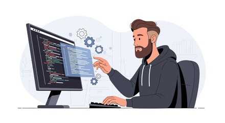 Software developer working on code, vector illustration featuring coder