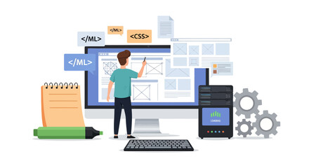 Software development scene showcasing a programmer working on interface design
