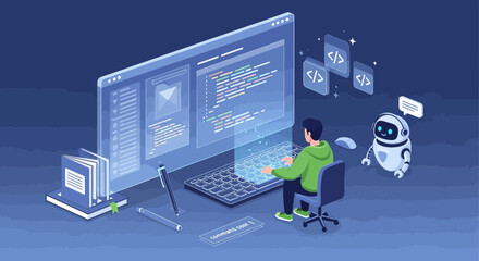 The creative software engineer and AI assistant coding on a desktop setup