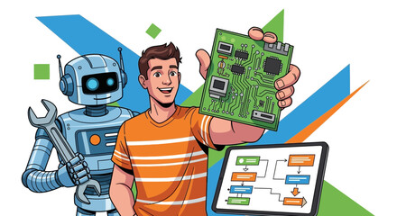 Digital Engineering Synergy: Man, Robot, and Circuitry Advancement Illustration