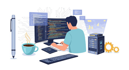 Focused software developer coding at desk, enhancing business solutions