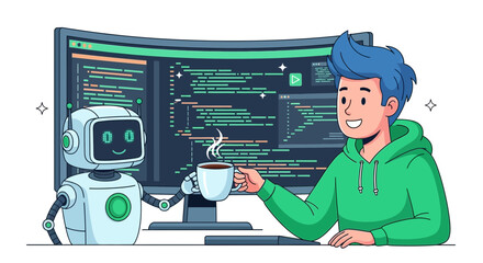 Friendly AI and Developer enjoying coffee break while coding together