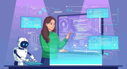Futuristic collaboration woman and ai programming data interface concept