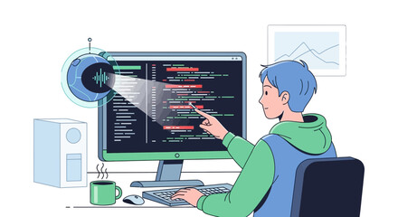 Focused coder analyzes lines of code on his monitor, assisted by ai