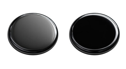 Two circular buttons, one gray, one black, glossy finish, isolated on black
